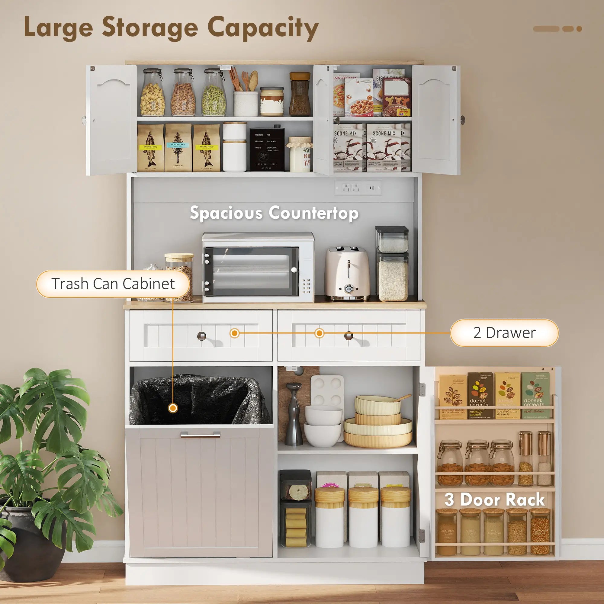 68 Inch Pantry Cabinet with Charging Station, Microwave Stand, Trash Can, White Kitchen Pantry Cabinets at Gallery Canada