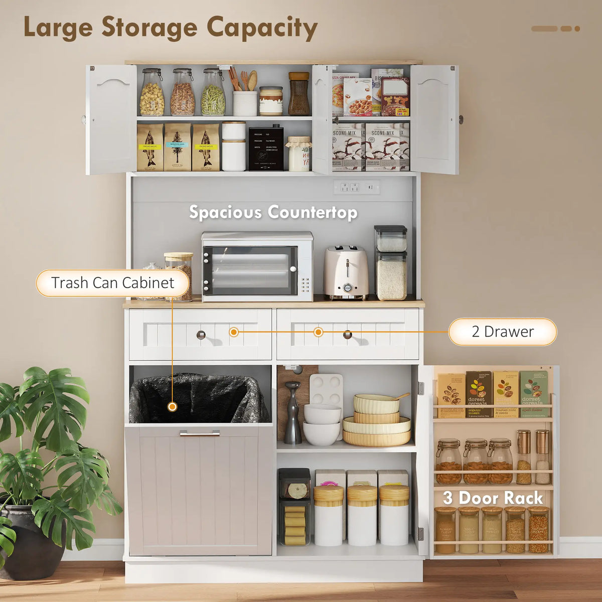 68 Inch Pantry Cabinet with Charging Station, Microwave Stand, Trash Can, White Kitchen Pantry Cabinets at Gallery Canada