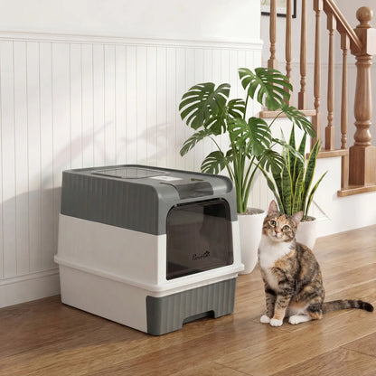 Enclosed Cat Litter Box with Drawer, Scoop, Grey
