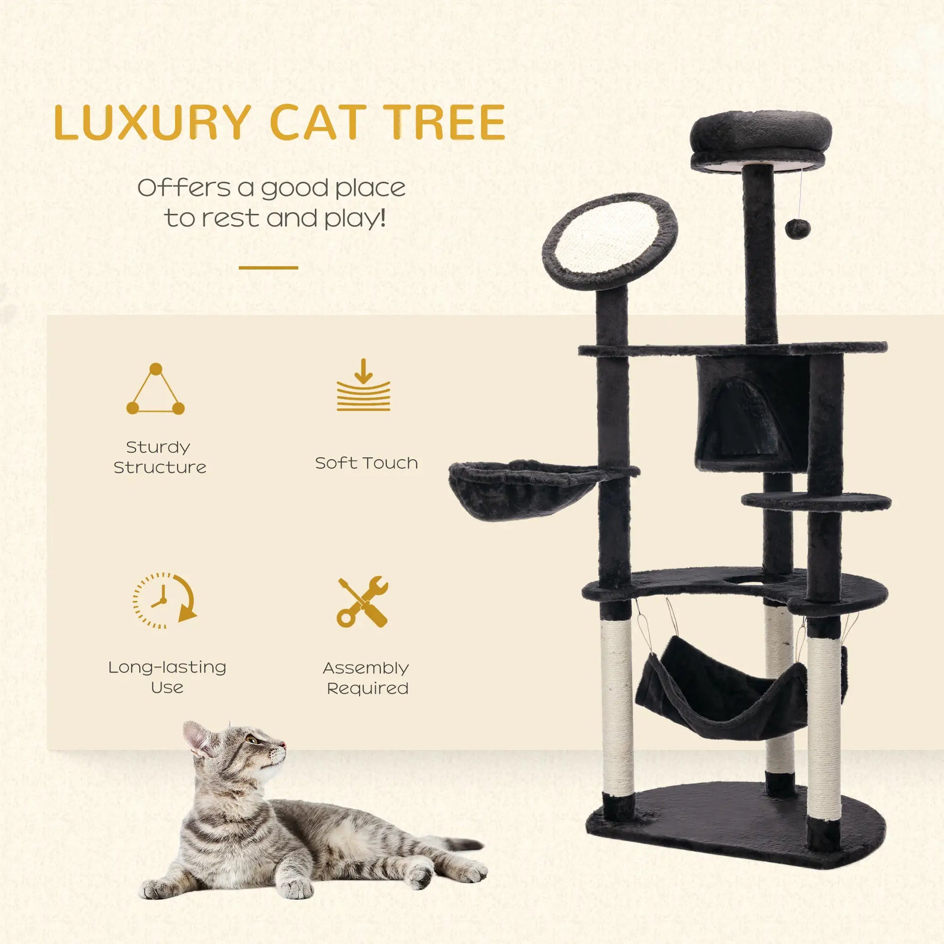60" Multi-Level Plush Cat Tree, Scratching Posts, 2 Hammocks, Dark Grey Cat Trees at Gallery Canada