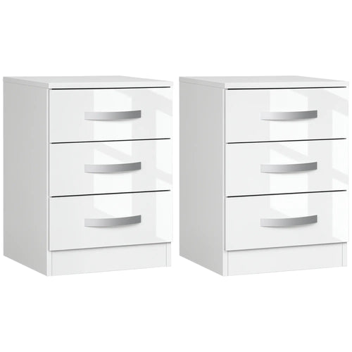 Modern Nightstand Set of 2, 3 Drawer Bedside Tables, White