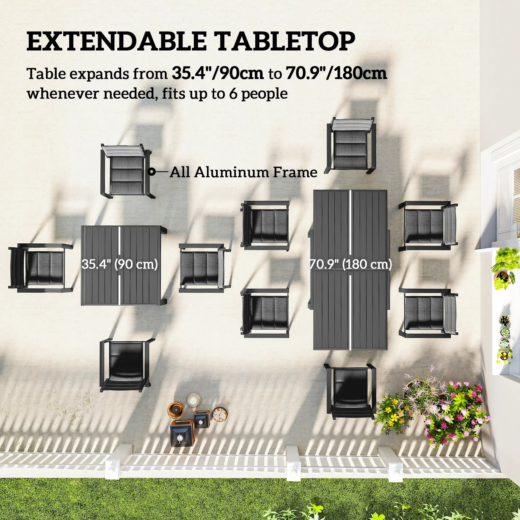 Aluminum Expandable Outdoor Dining Set, 6 Stackable Chairs, Black Outdoor Dining Sets at Gallery Canada