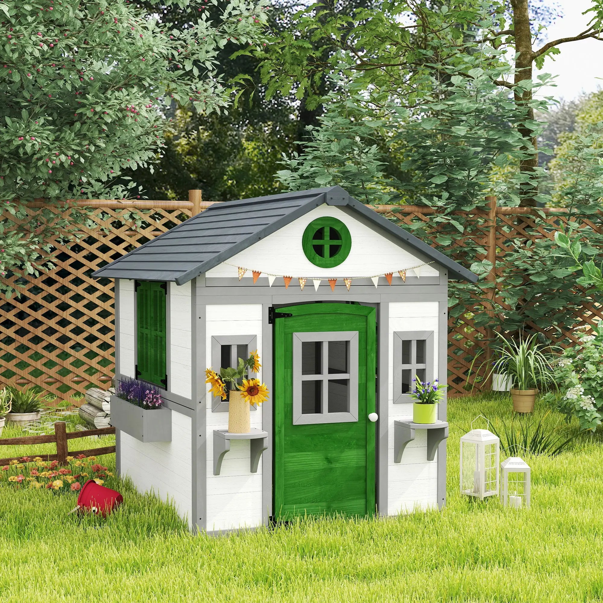Wooden Playhouse With Door, Windows, Planter Pots, Boxes, White Play Houses at Gallery Canada