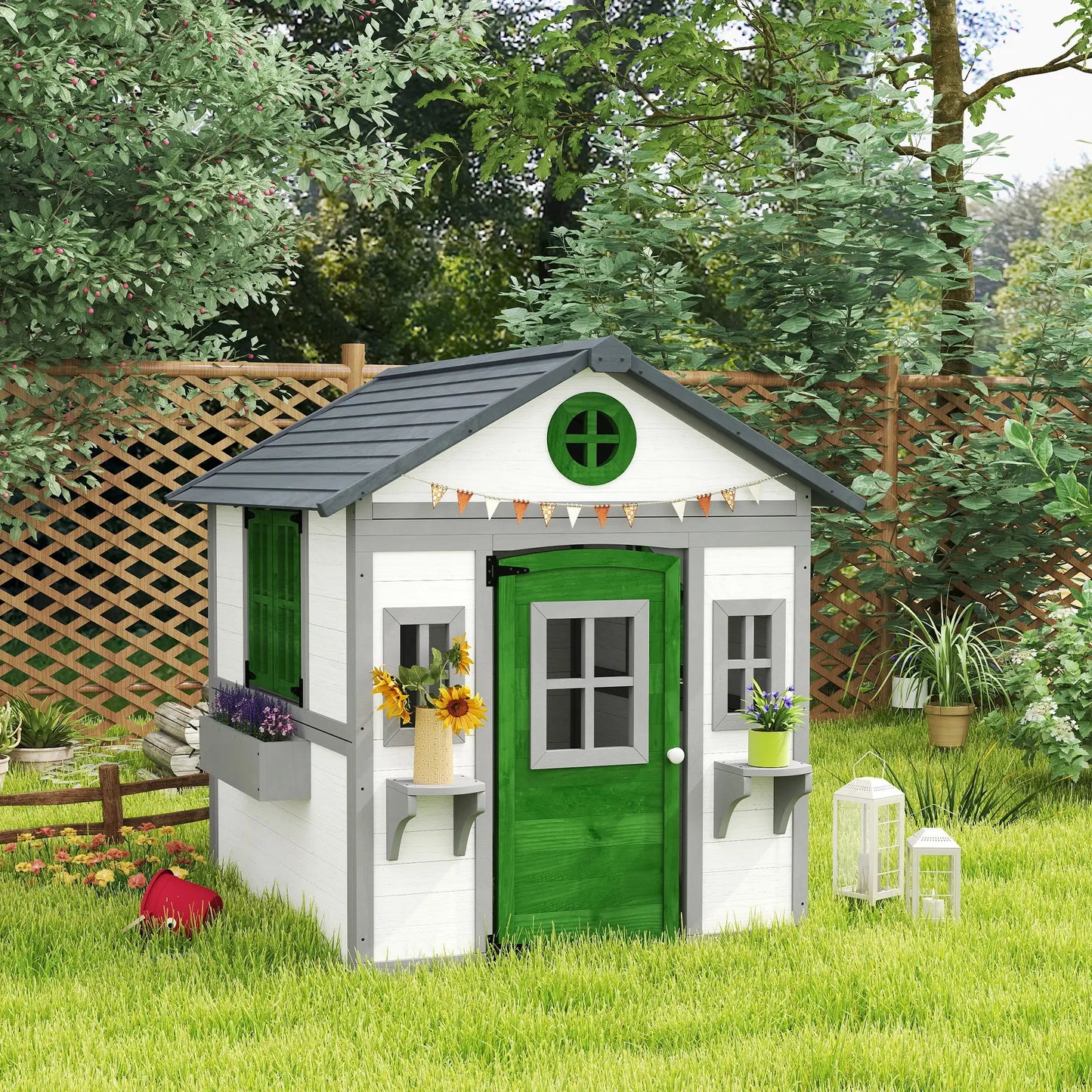 Wooden Playhouse With Door, Windows, Planter Pots, Boxes, White Play Houses at Gallery Canada