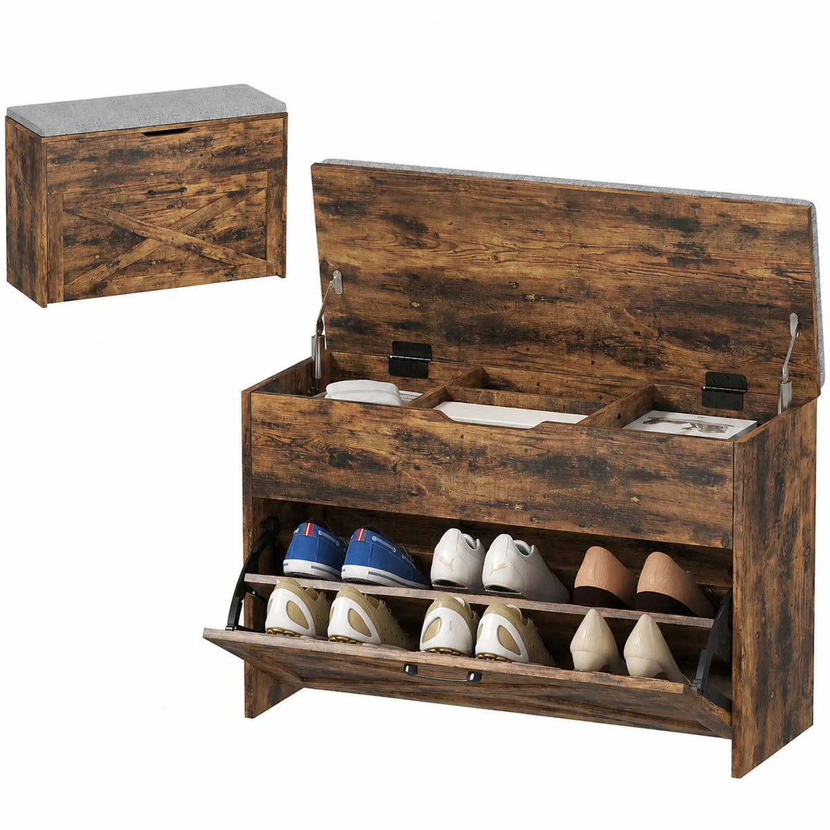Shoe Storage Bench with Flip Drawer, Lift Top, Seat Cushion, Rustic Brown Shoe Storage Cabinets & Racks Rustic Brown, Grey at Gallery Canada