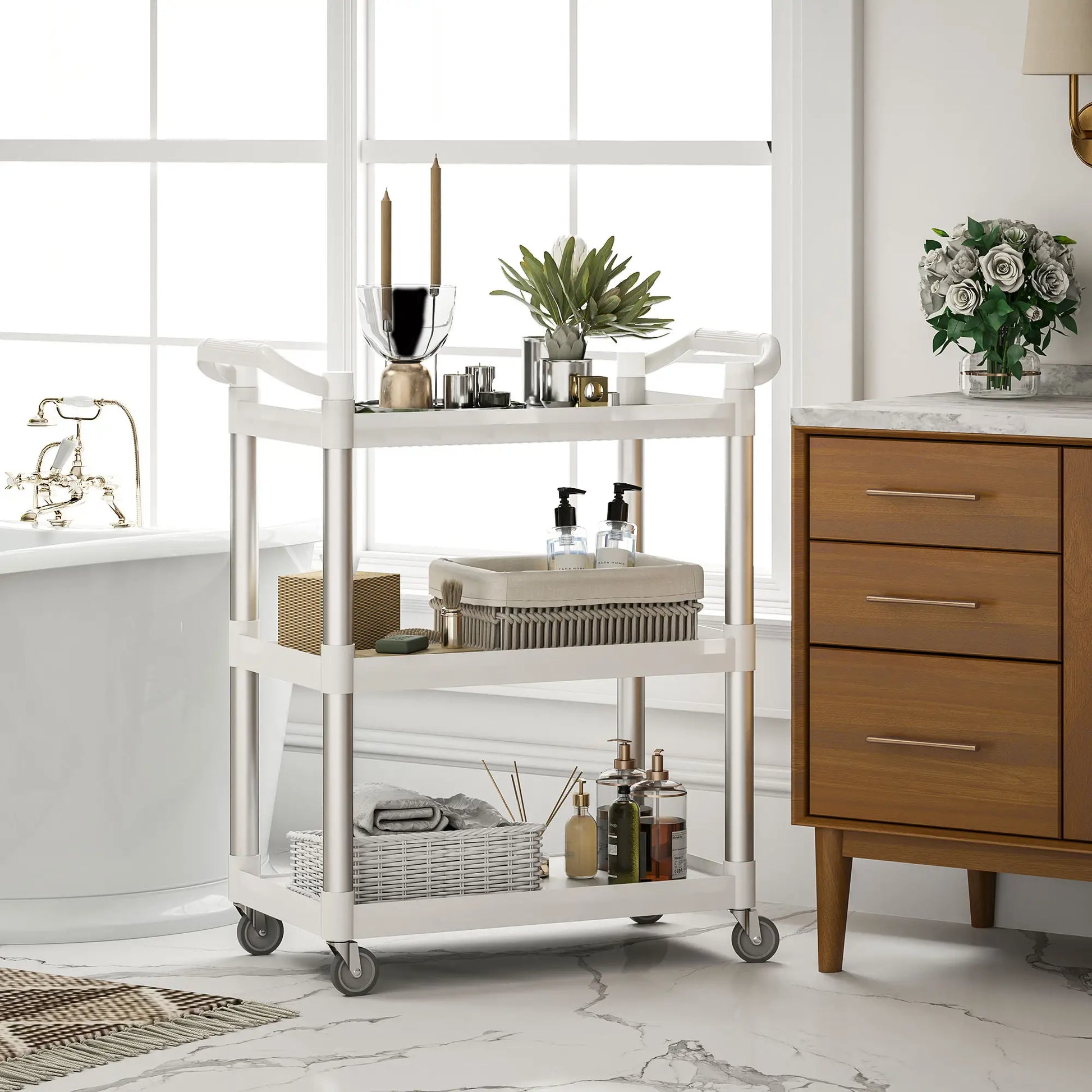 3-Tier Utility Cart, Rolling Storage Trolley, 3 Shelves, Silver White Kitchen Islands & Kitchen Carts at Gallery Canada