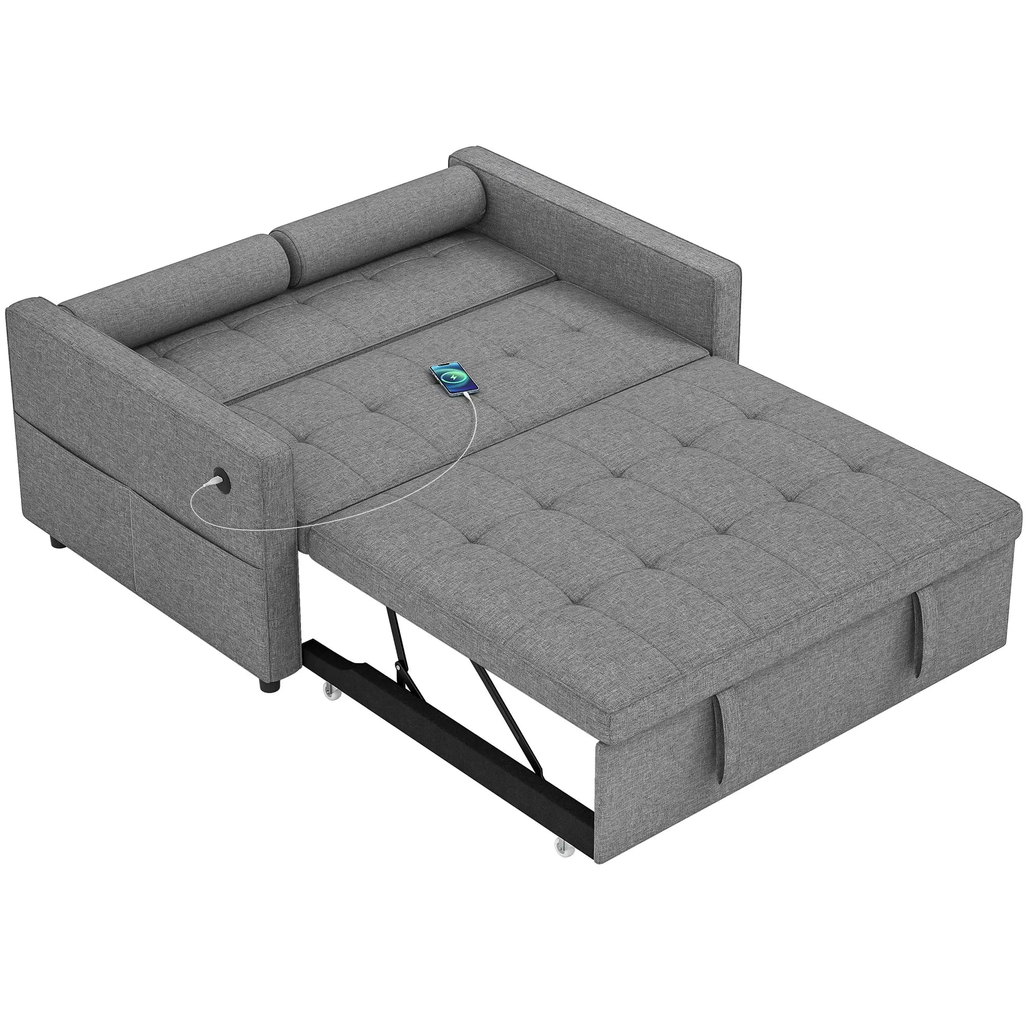 Pull Out Sofa Bed, Sleeper Couch with USB, Small Linen Loveseat, Grey 2-Seater Sofas Dark Grey at Gallery Canada