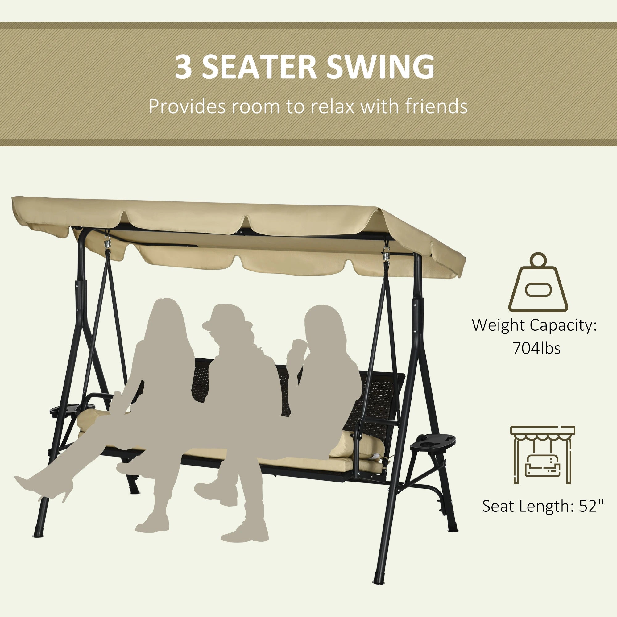 3-Seat Porch Swing with Canopy, Rattan Seat, Removable Cushion Patio Swings with Stand at Gallery Canada