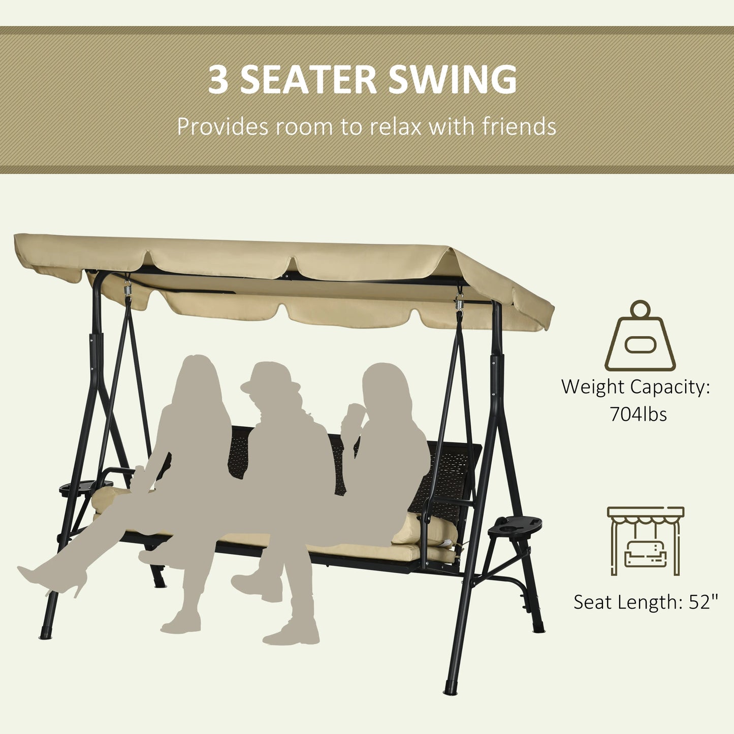 3-Seat Porch Swing with Canopy, Rattan Seat, Removable Cushion Patio Swings with Stand at Gallery Canada