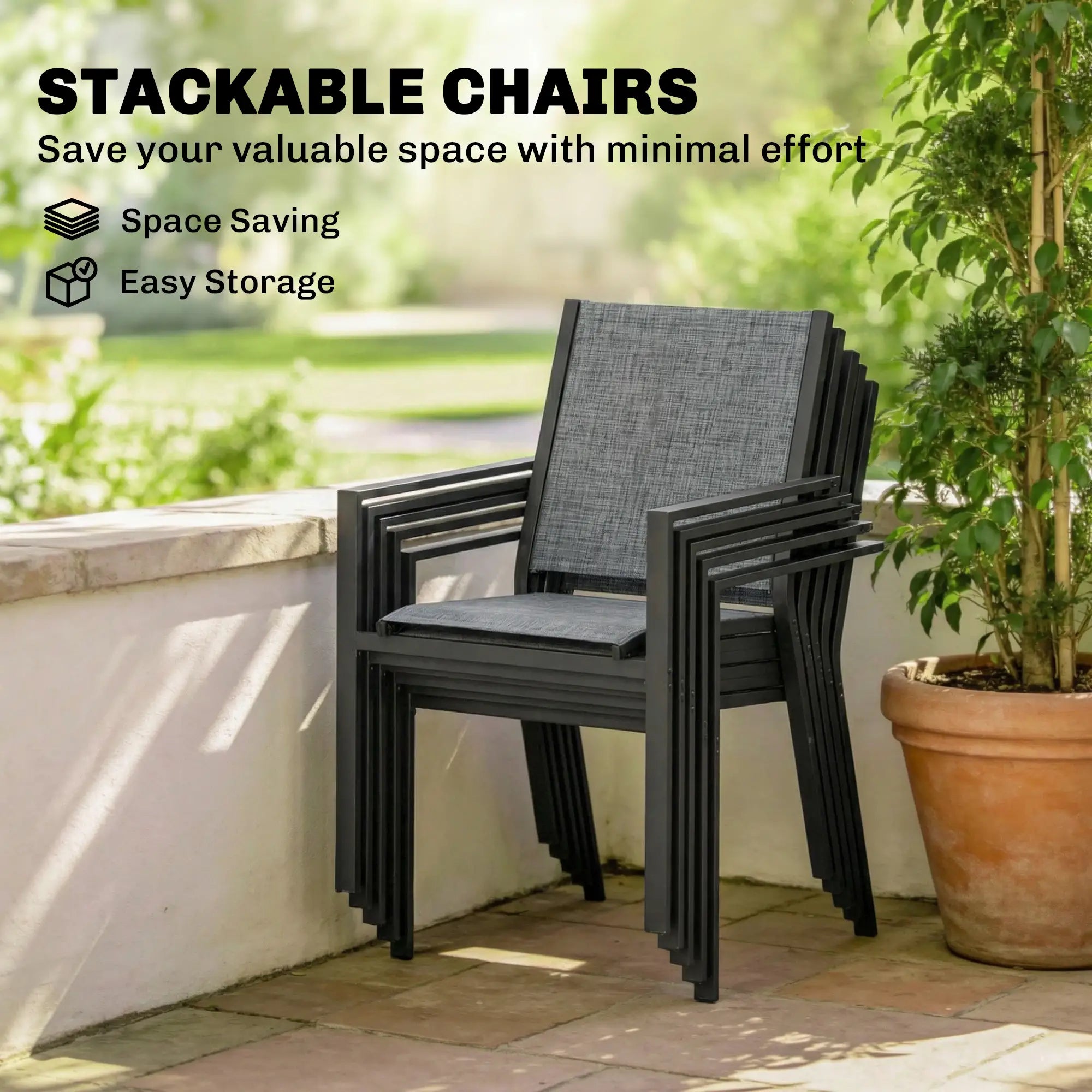 Outdoor Dining Set For 6, Black Metal Patio Table, Mesh Stackable Chairs, Black Outdoor Dining Sets at Gallery Canada