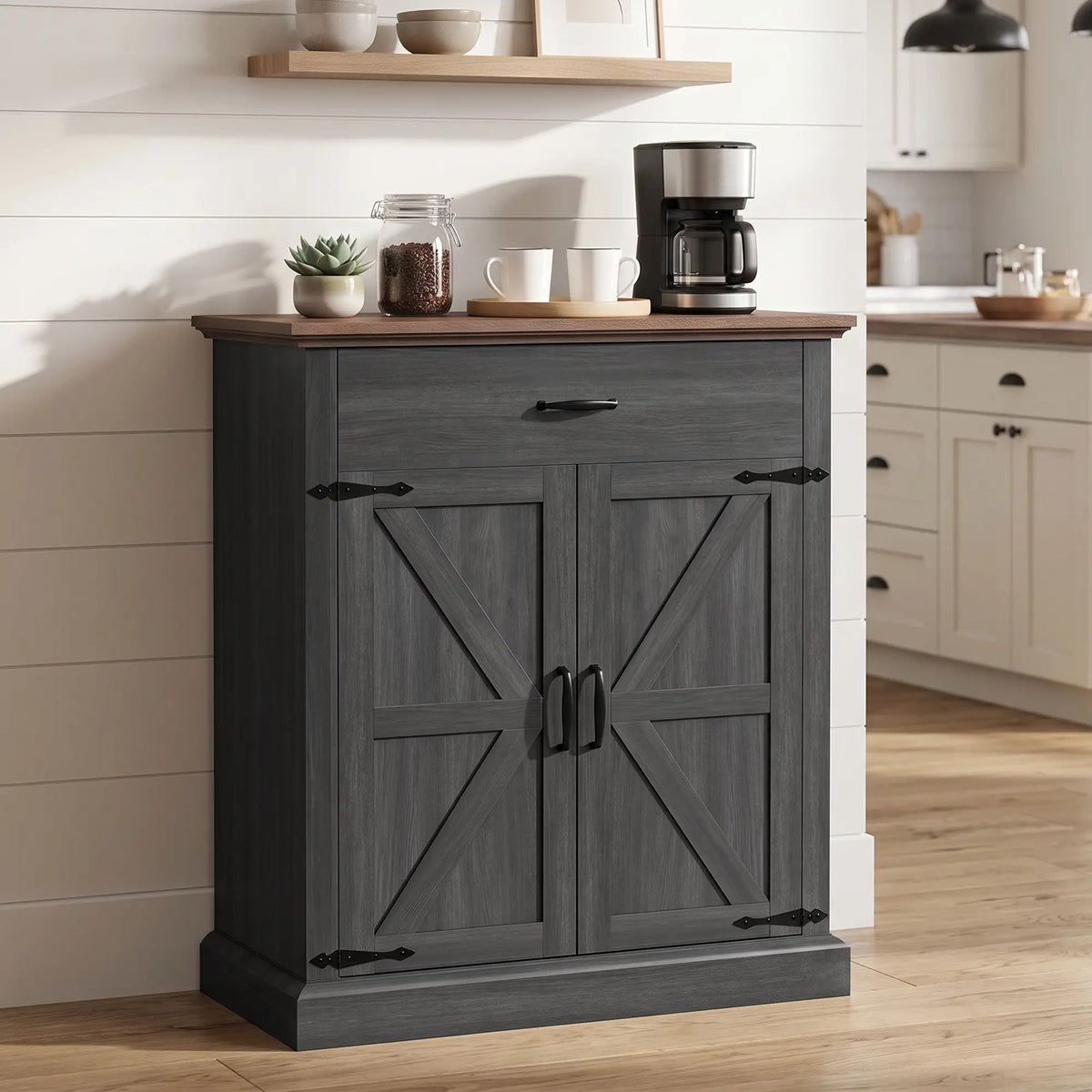 30" Farmhouse Sideboard, Black Buffet Cabinet, Barn Doors, Drawer, Black Storage Cabinets at Gallery Canada