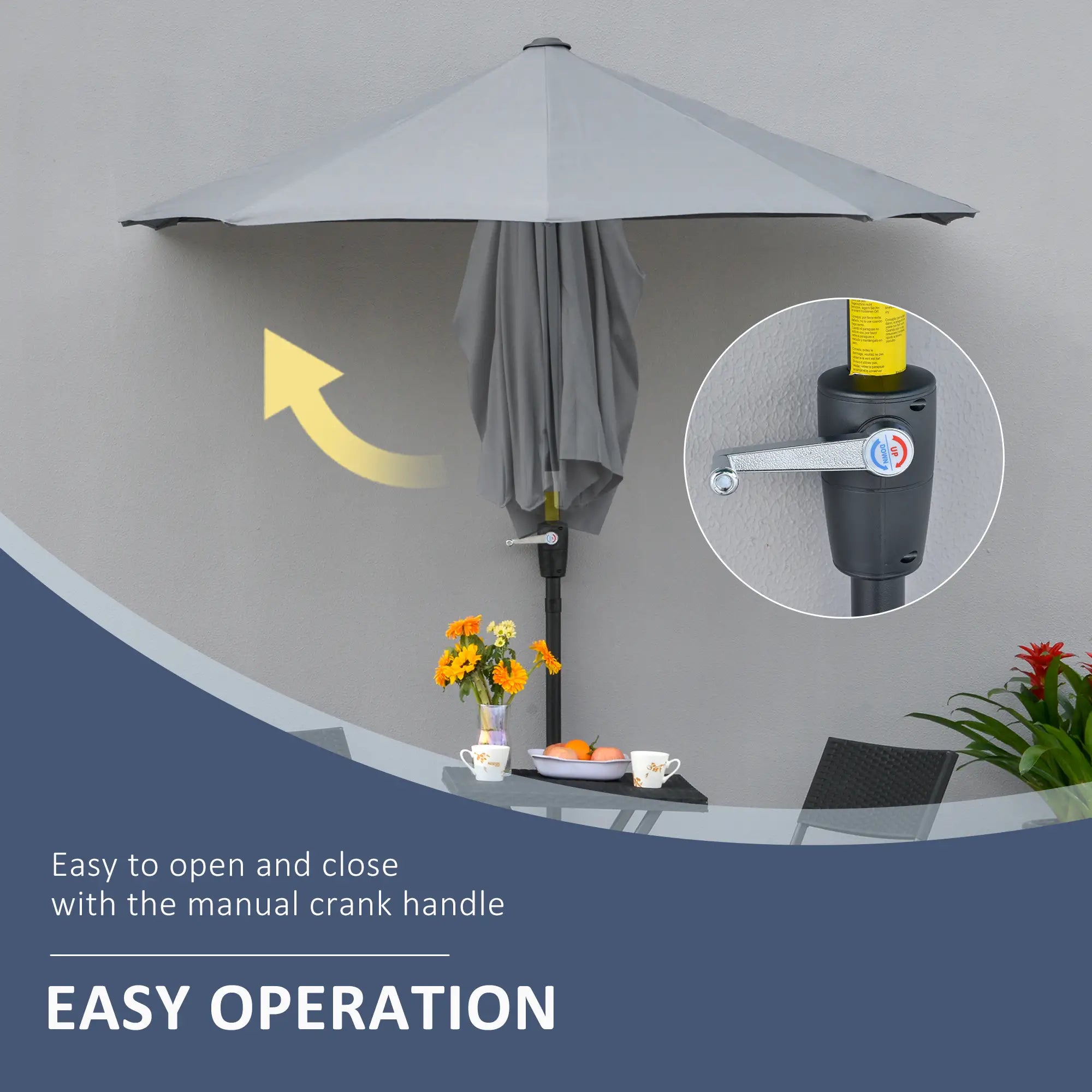 6.6 x 6ft Half Patio Umbrella, Double-Sided Canopy, Crank Handle, Grey Sun Umbrellas at Gallery Canada