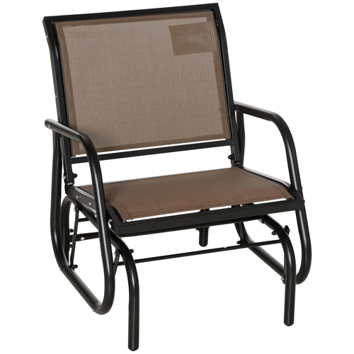 Patio Glider with Breathable Mesh Fabric Seat &; Backrest, Metal Frame Outdoor Glider Swing Chair with Curved Armrests, for Lawn, Garden, Porch, Backyard, Poolside, Brown
