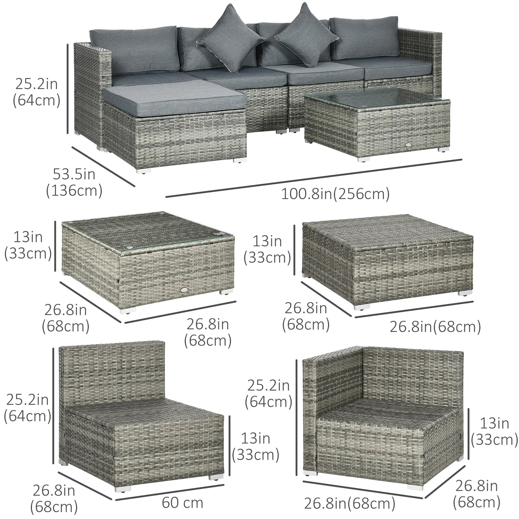 6-Piece Outdoor PE Rattan Sofa Set, Thick Cushions, Glass Top Table, Mixed, Grey Patio Furniture Sets at Gallery Canada