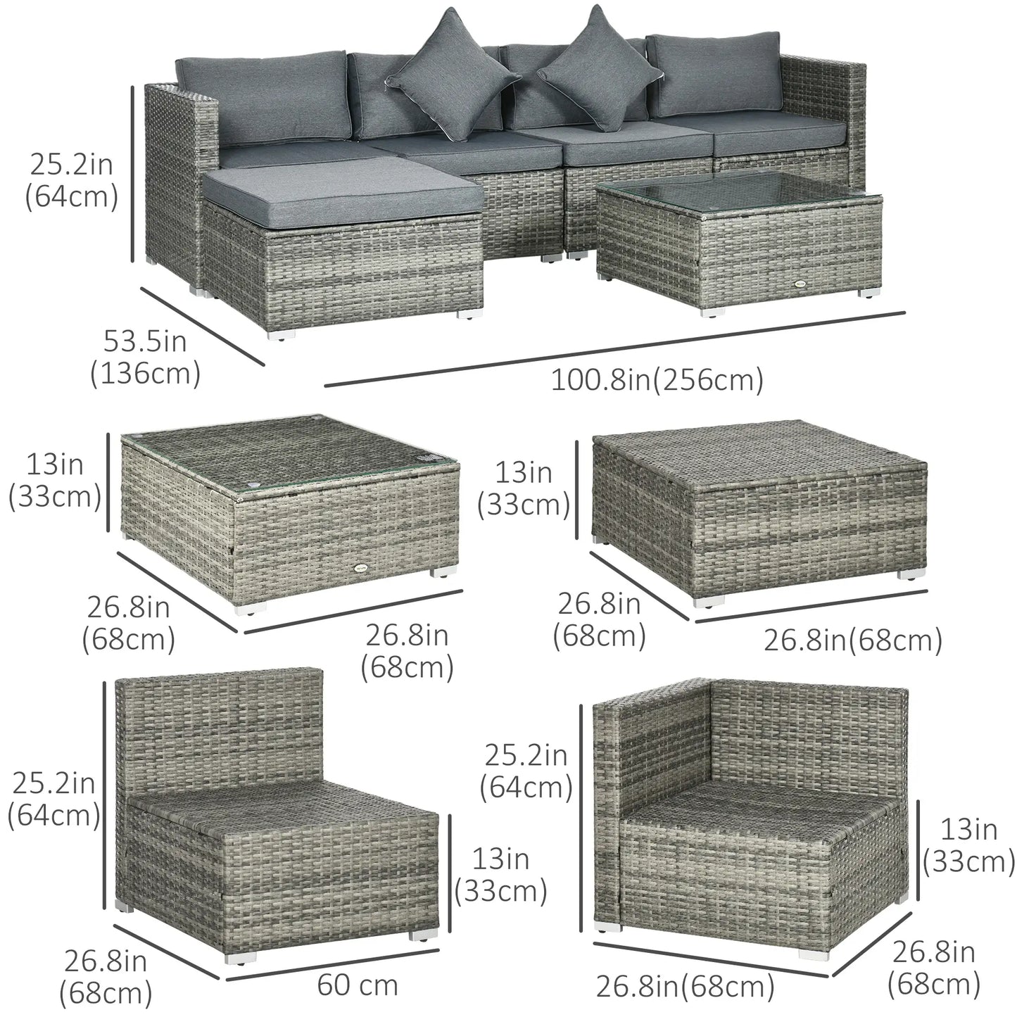 6-Piece Outdoor PE Rattan Sofa Set, Thick Cushions, Glass Top Table, Mixed, Grey Patio Furniture Sets at Gallery Canada