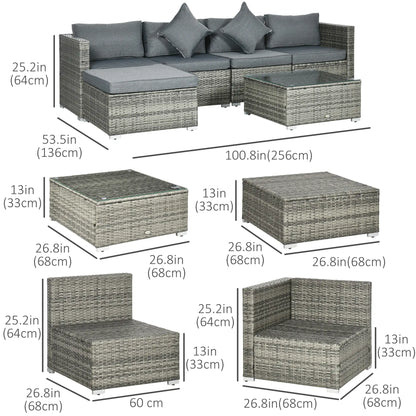 6-Piece Outdoor PE Rattan Sofa Set, Thick Cushions, Glass Top Table, Mixed, Grey Patio Furniture Sets at Gallery Canada