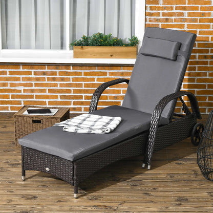 Outdoor Lounger, Adjustable Deck Chair, Headrest, Wheels, Deep Coffee, Med Grey, Coffee, Grey Chaise Loungers at Gallery Canada