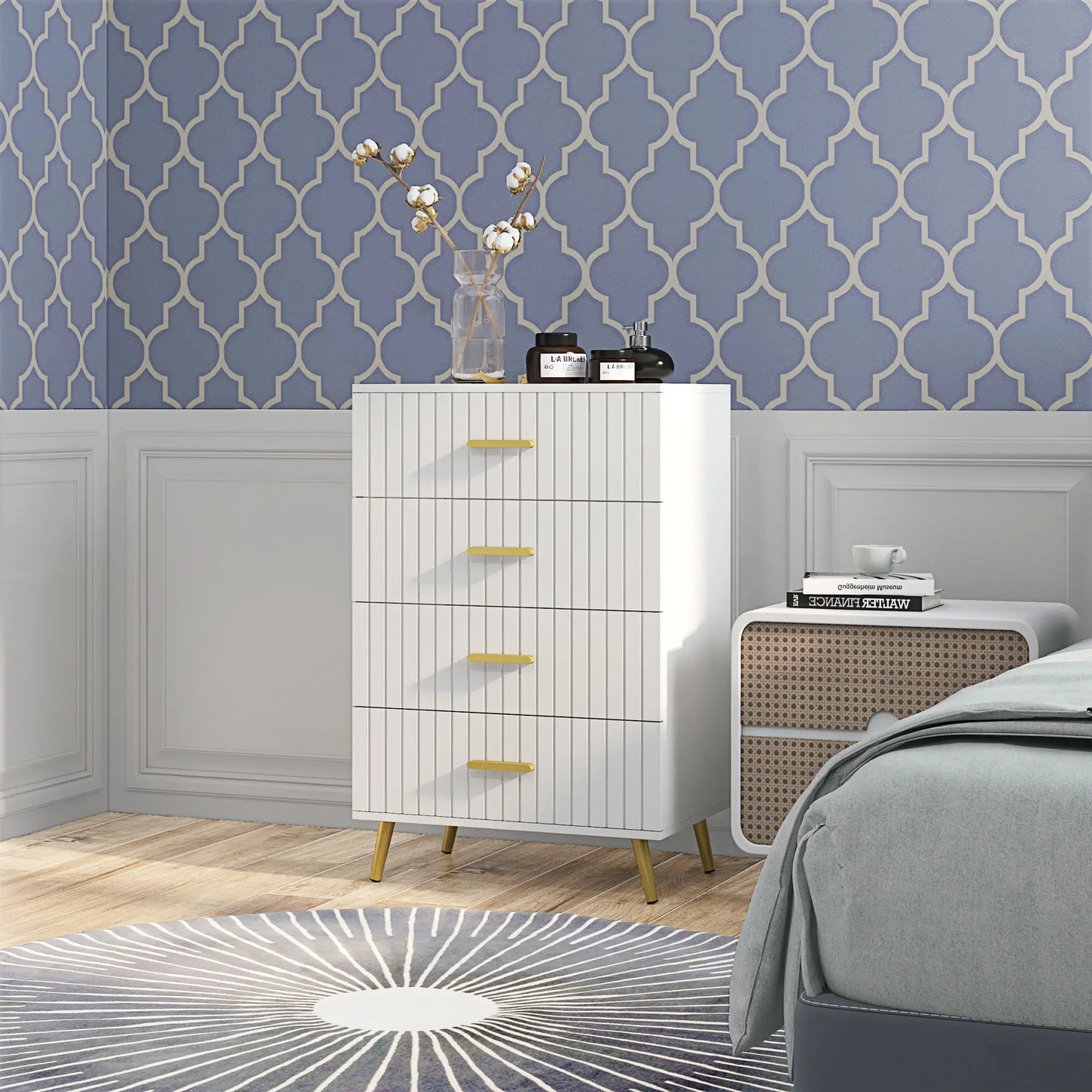 4 Drawer Cabinet, Bedroom Chest of Drawers, Aluminium Legs, Gold Handles, White Storage Cabinets at Gallery Canada