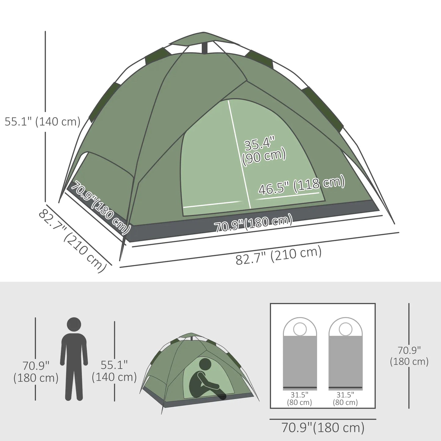 3 Person Camping Tent, 1000mm Waterproof, Dark Green Camping Tents at Gallery Canada