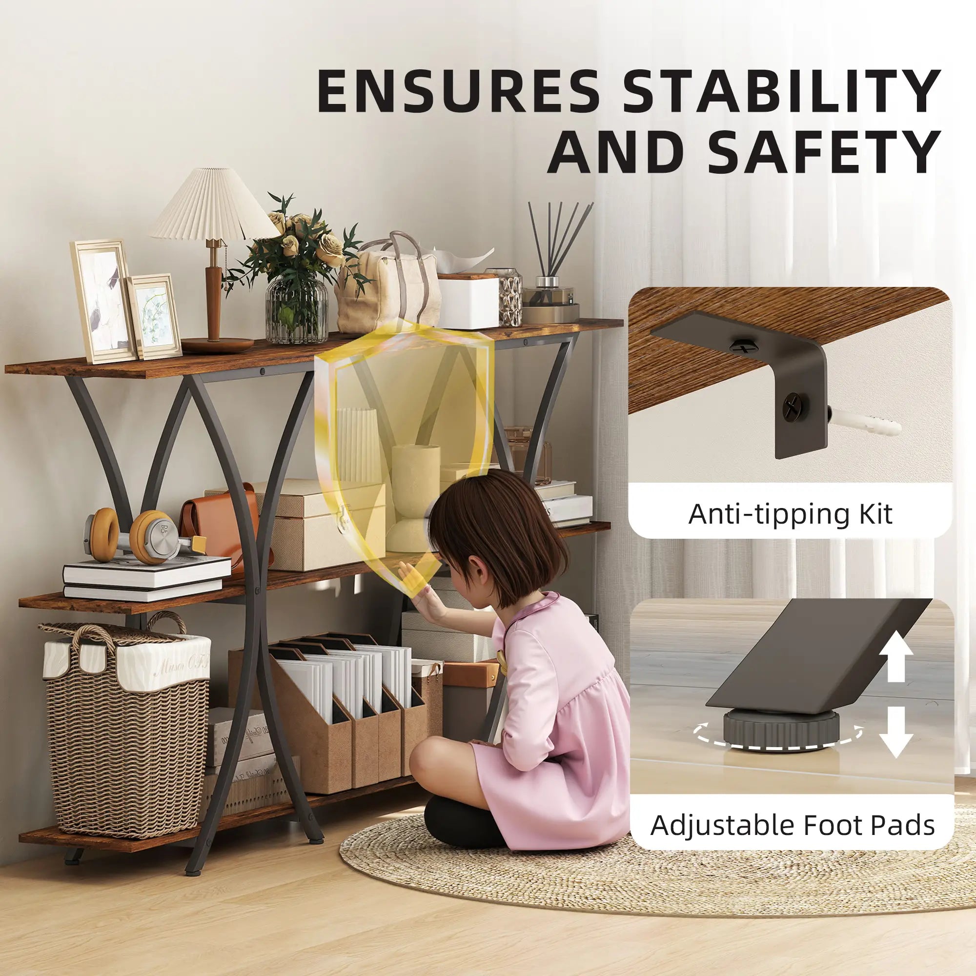 71 Inch Console Table, 3-Tier Industrial with 2 Shelves, Rustic Brown Console Tables at Gallery Canada