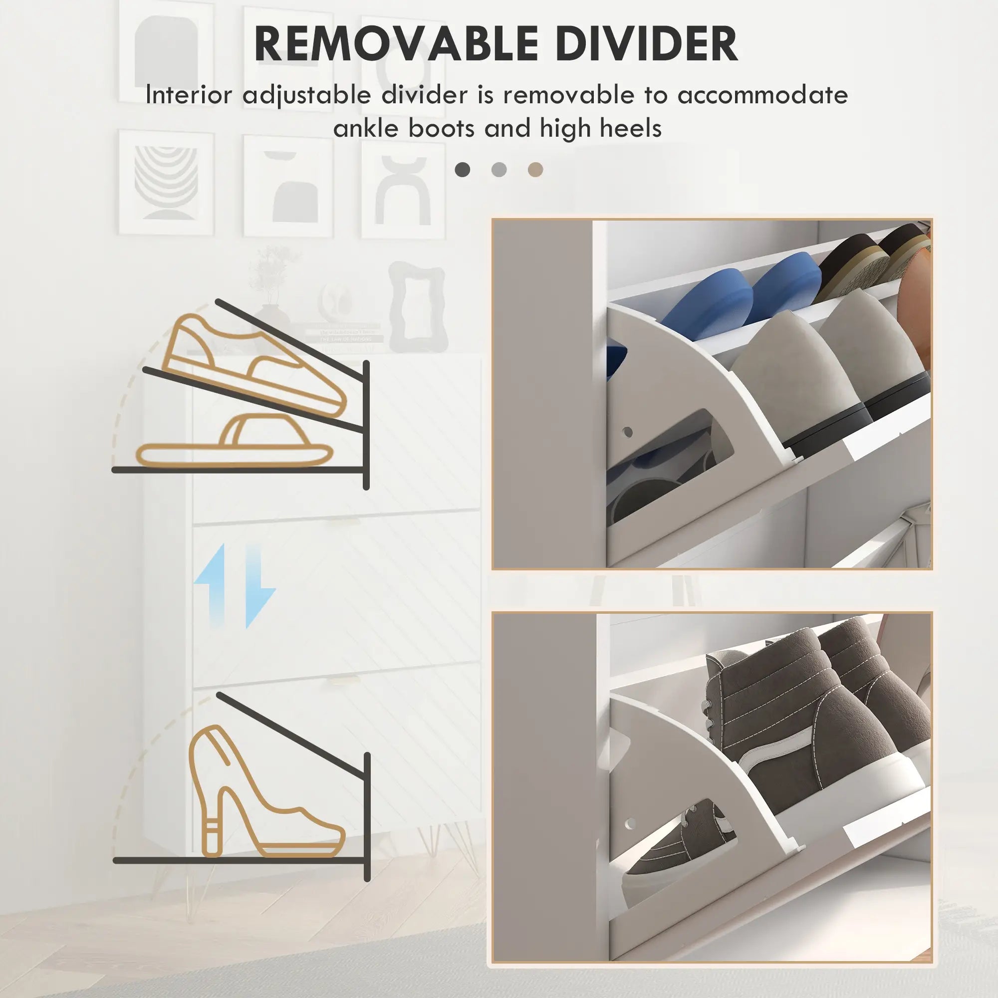 Modern Shoe Storage Cabinet, 3 Flip Drawers for 18 Pairs, Narrow, White Shoe Storage Cabinets & Racks at Gallery Canada