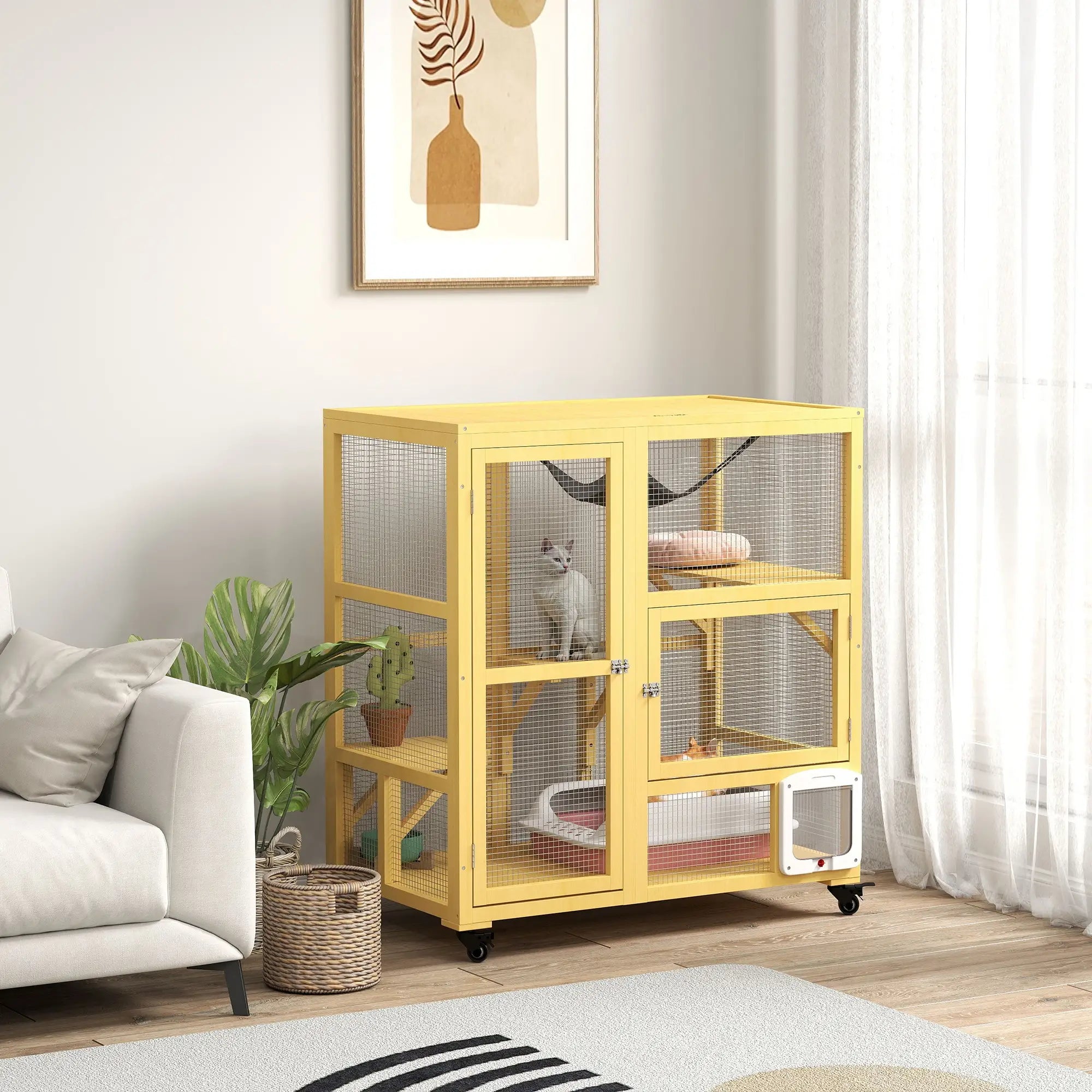 Wooden Cat Condo on Wheels, Cat Flap Door, Hammock, Openable Top, 2 Cats, Yellow Outdoor Cat Enclosures at Gallery Canada