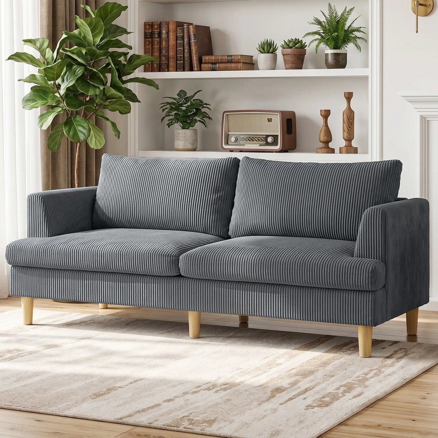 3 Seater Sofa, 74" Corduroy Couch, Solid Wood Legs, Dark Grey 3-Seater Sofas at Gallery Canada
