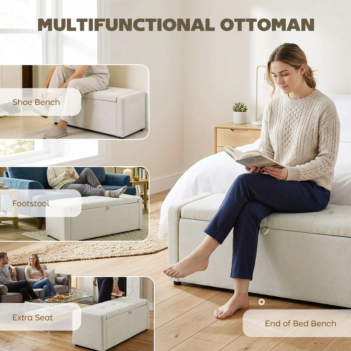 Storage Ottoman Bench, Linen Fabric, Wide Padded Seat, Cream White Storage Ottomans & Benches at Gallery Canada