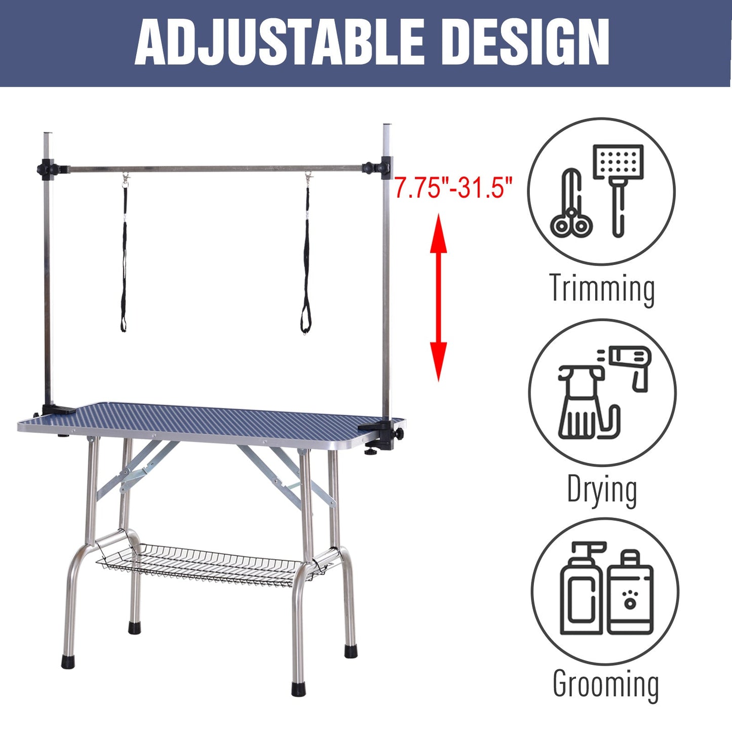 Adjustable Dog Grooming Table Rubber Top 2 Safety Slings Mesh Storage Basket Heavy Metal Blue 42.25"x 23.5" x 67" at Gallery Canada