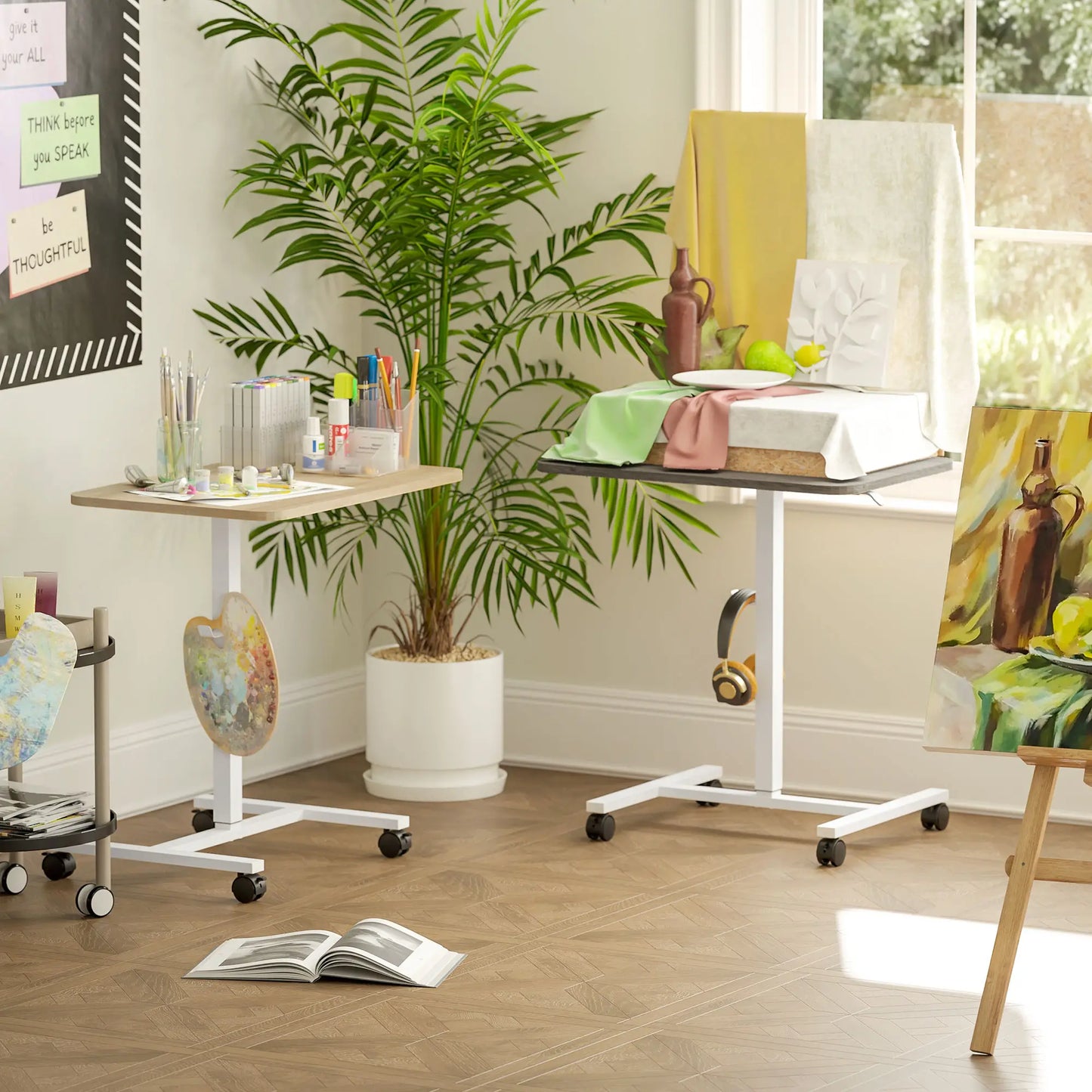 Height Adjustable Standing Desk, Pneumatic Sit Stand Desk with Wheels and Headphone Hook, Grey Office Desks & Work Stations at Gallery Canada