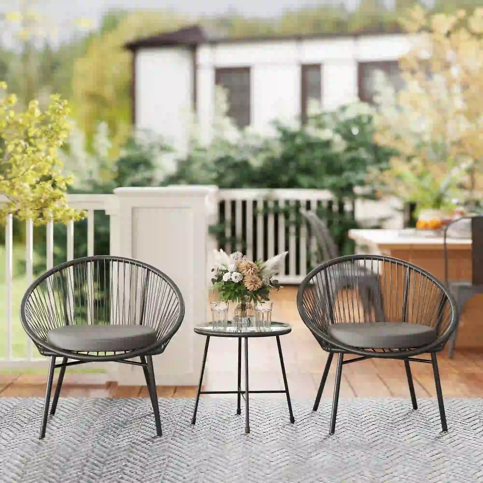 3-Piece Wicker Patio Set, Soft Cushions, Glass Tabletop, Black Bistro Sets at Gallery Canada