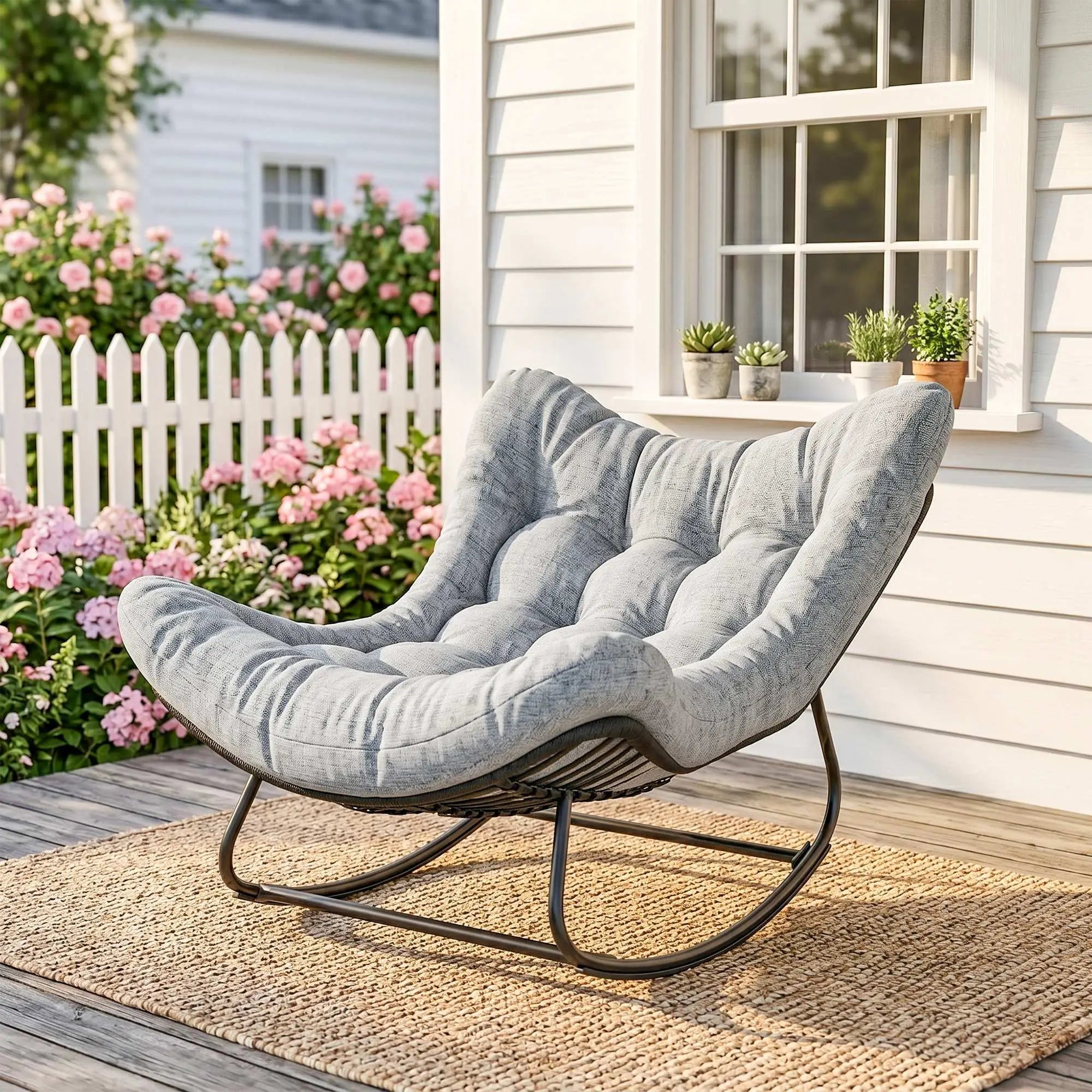 Oversized Rattan Egg Chair, Outdoor Rocking Chair with Cushion, Dark Grey Patio Chairs at Gallery Canada