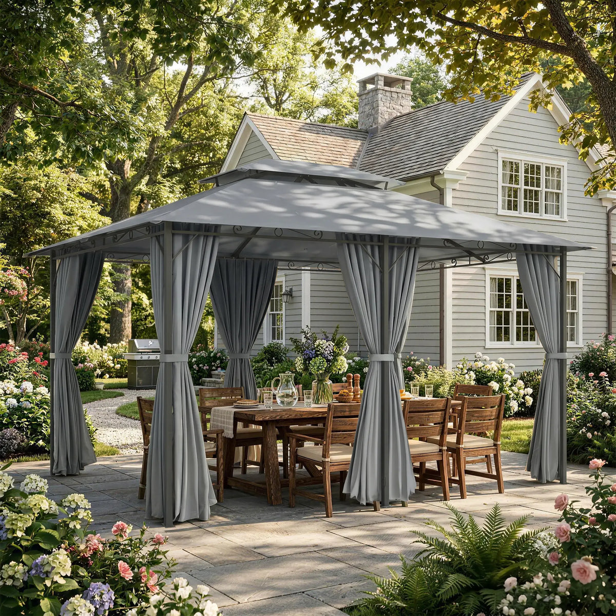 13L x 10W x 8.7H Patio Gazebo, 2-Tier Canopy with Curtains, Grey Gazebos at Gallery Canada
