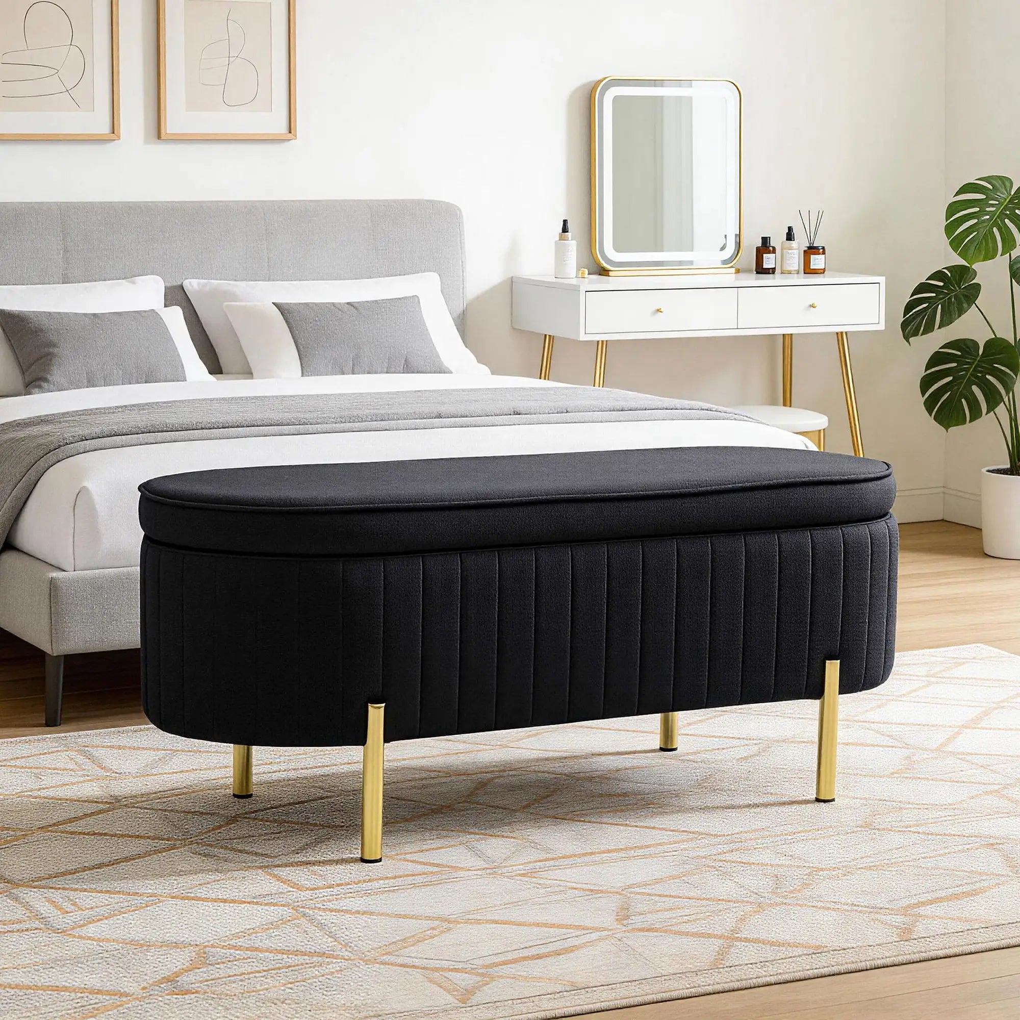 Upholstered Bedroom Bench, Channel Tufted Ottoman, Black Storage Ottomans & Benches at Gallery Canada