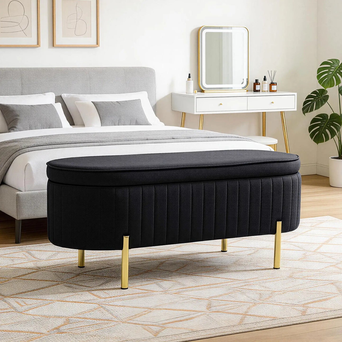 Upholstered Bedroom Bench, Channel Tufted Ottoman, Black Storage Ottomans & Benches at Gallery Canada
