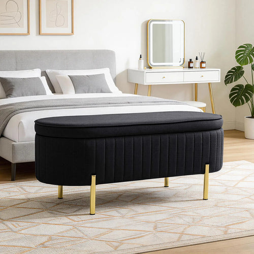 Upholstered Bedroom Bench, Channel Tufted Ottoman, Black