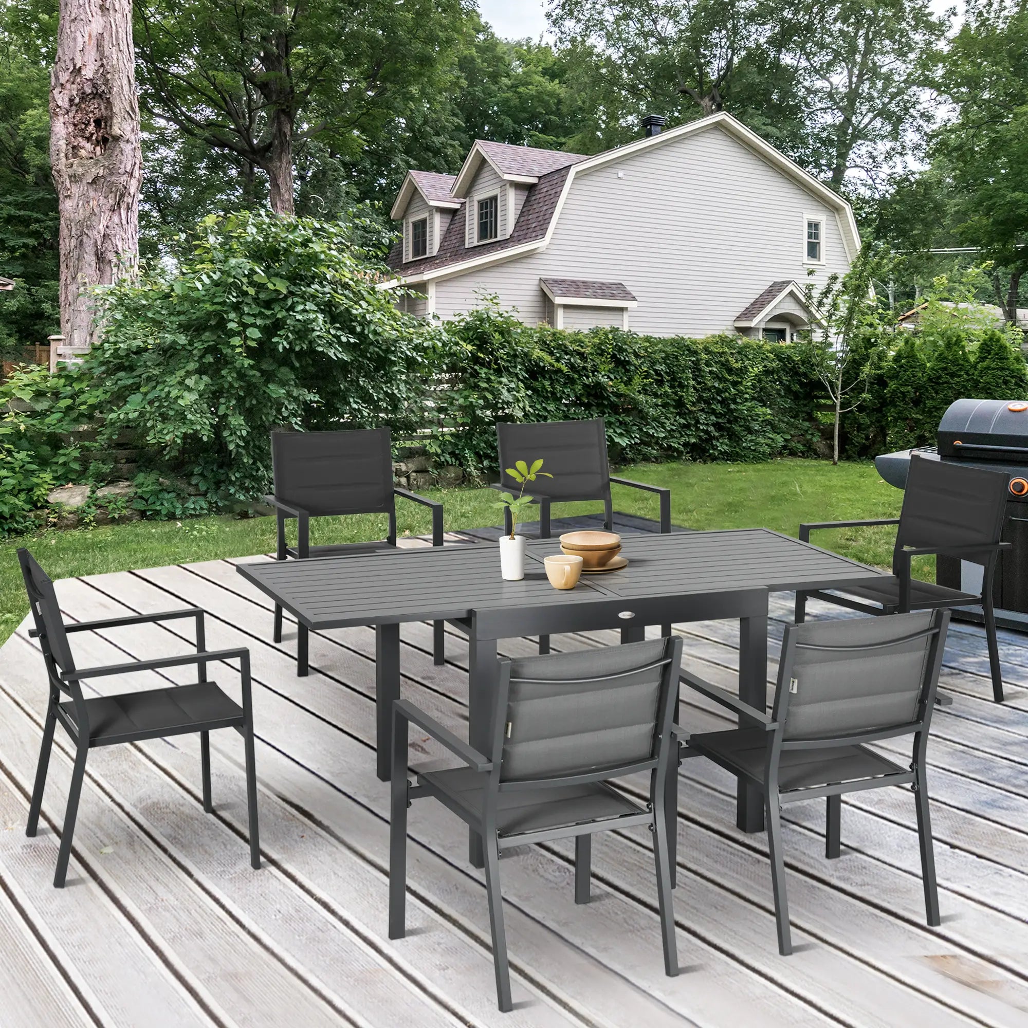 7-Piece Patio Dining Set for 6, Aluminum Table, Stackable Chairs, Dark Gray Outdoor Dining Sets at Gallery Canada