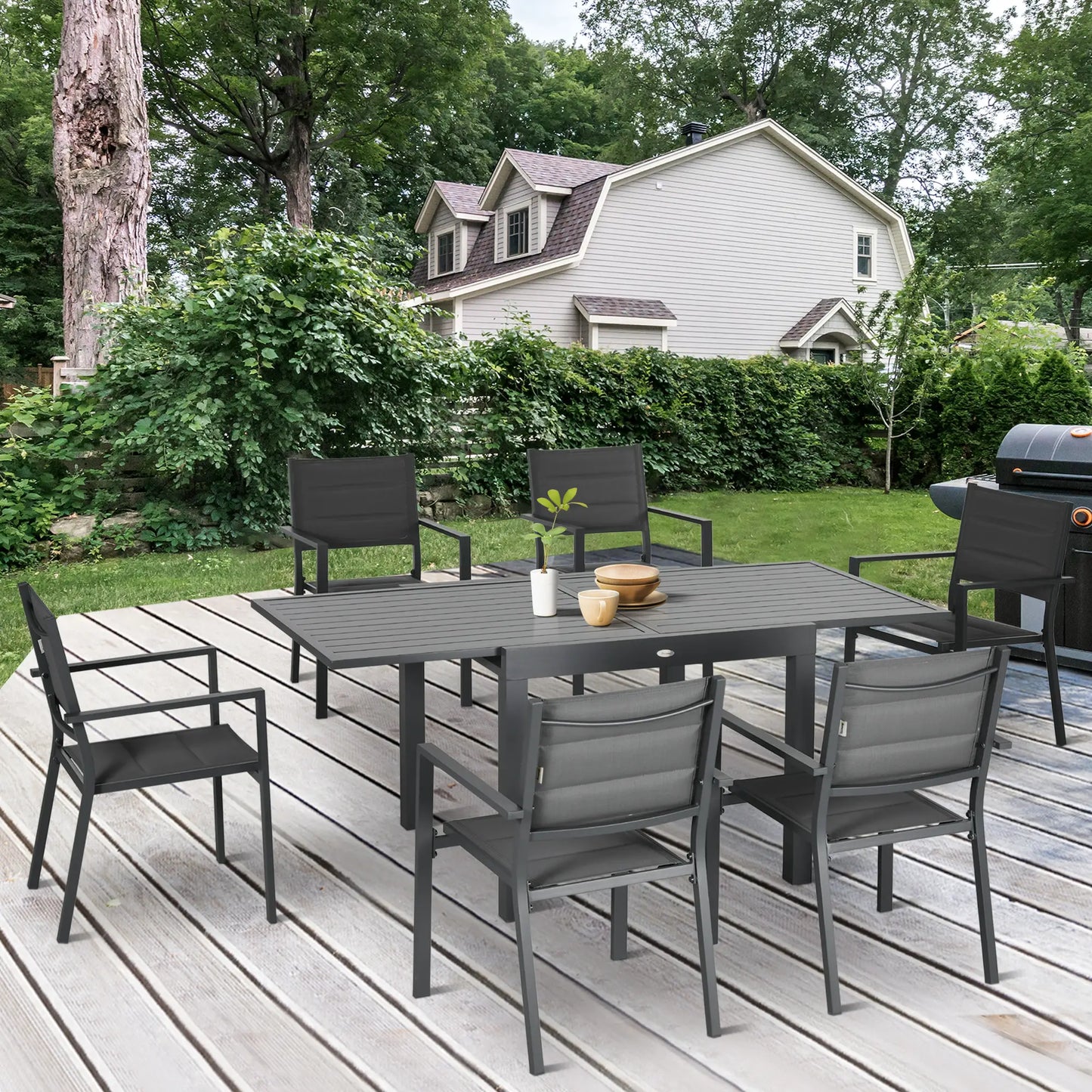 7-Piece Patio Dining Set for 6, Aluminum Table, Stackable Chairs, Dark Gray Outdoor Dining Sets at Gallery Canada