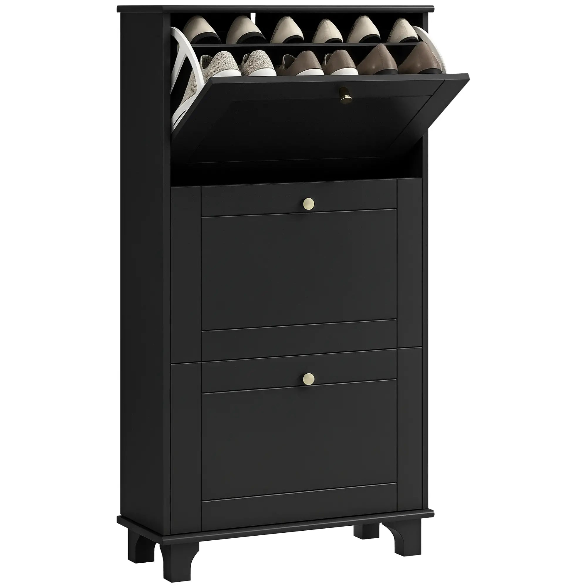 Narrow Shoe Storage, 3 Flip Drawers, Adjustable Shelves, Holds 12 Pairs, Black Shoe Storage Cabinets & Racks at Gallery Canada