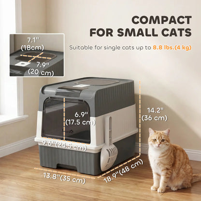 Enclosed Cat Litter Box with Drawer, Scoop, Grey
