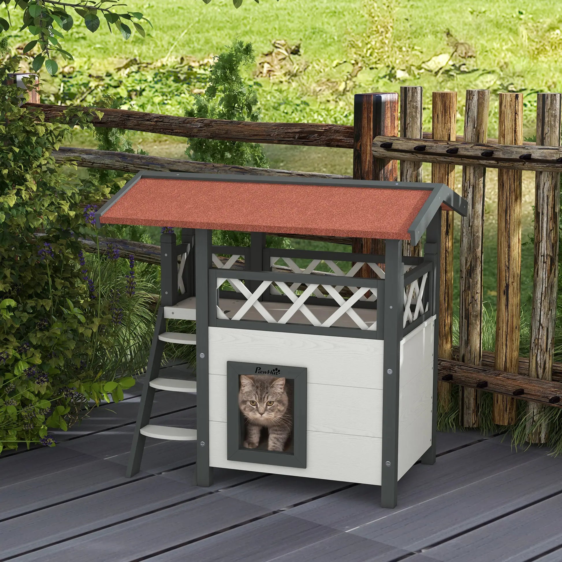 Wooden 2-Story Cat Shelter, Asphalt Roof, Stairs, Balcony, 30" x 20" x 29", White Cat Houses at Gallery Canada