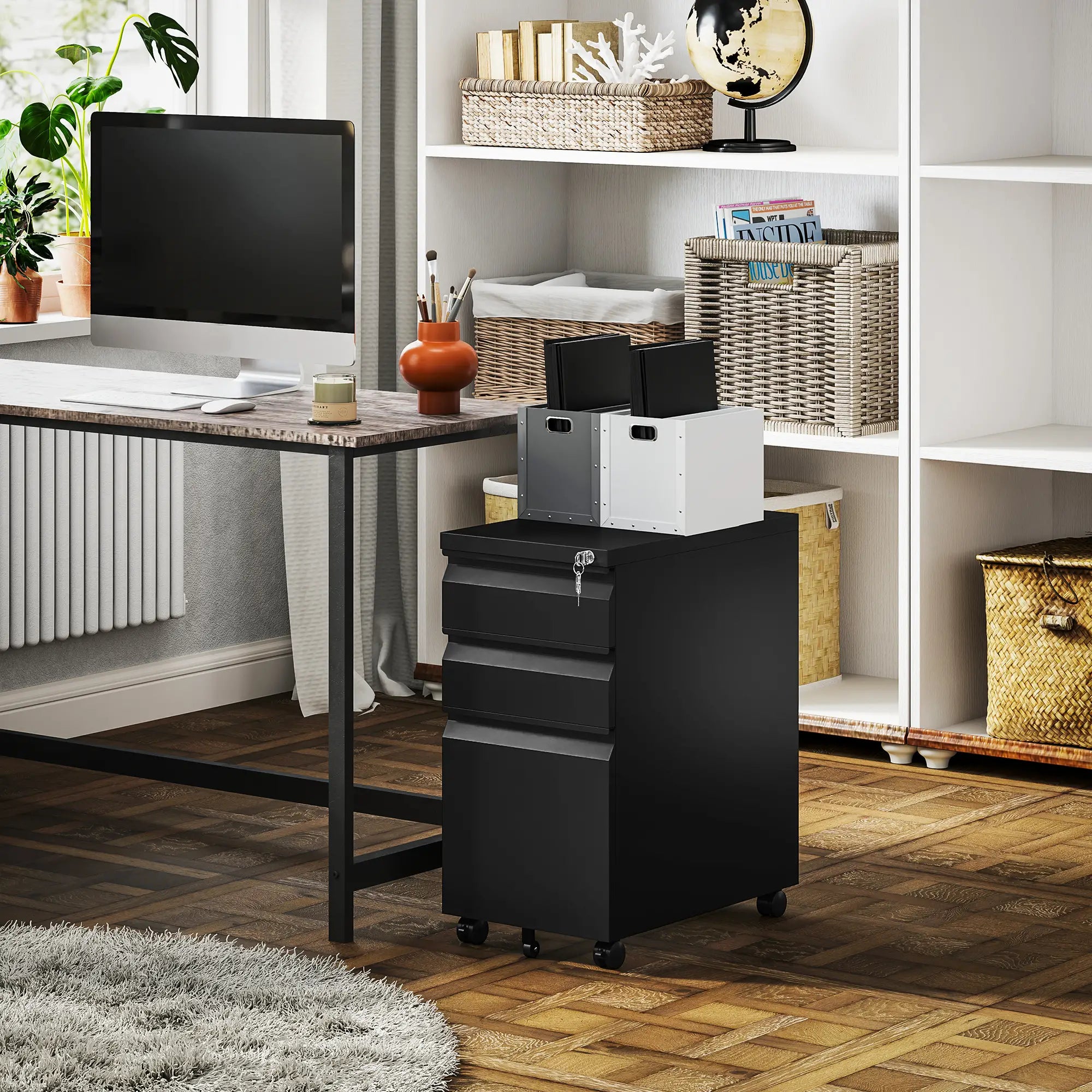 3 Drawer Filing Cabinet with Lock, Steel Office Storage, Black Office Cabinets & Cupboards at Gallery Canada