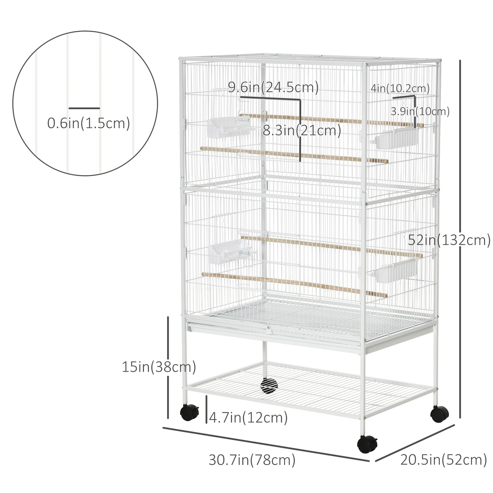 52" Large Rolling Steel Bird Cage, With Stand, Shelf, Perch, White Bird Cages at Gallery Canada