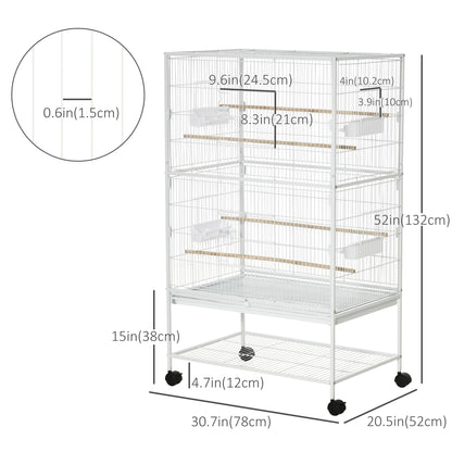 52" Large Rolling Steel Bird Cage, With Stand, Shelf, Perch, White Bird Cages at Gallery Canada