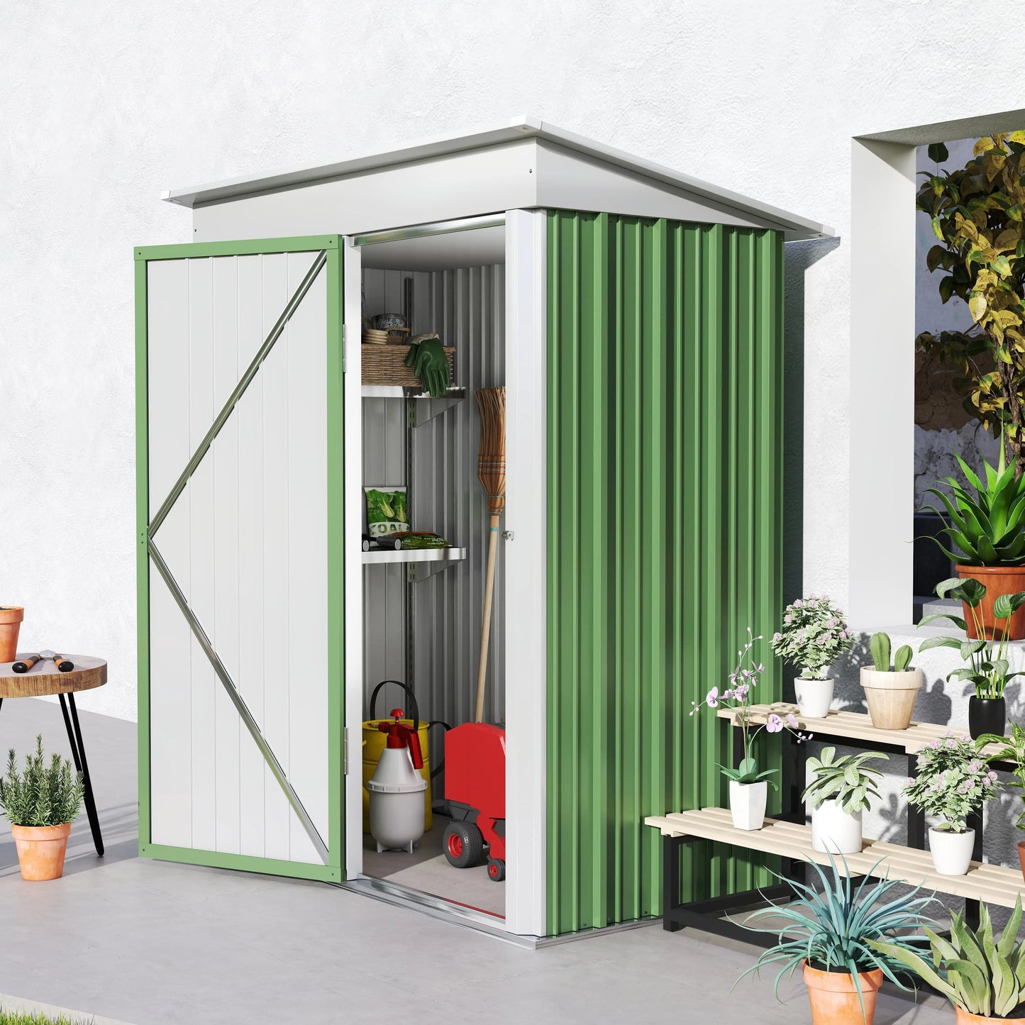 Small Steel Garden Shed, Adjustable Shelf, Lock, Gloves, 5'x3'x6', Green Sheds at Gallery Canada