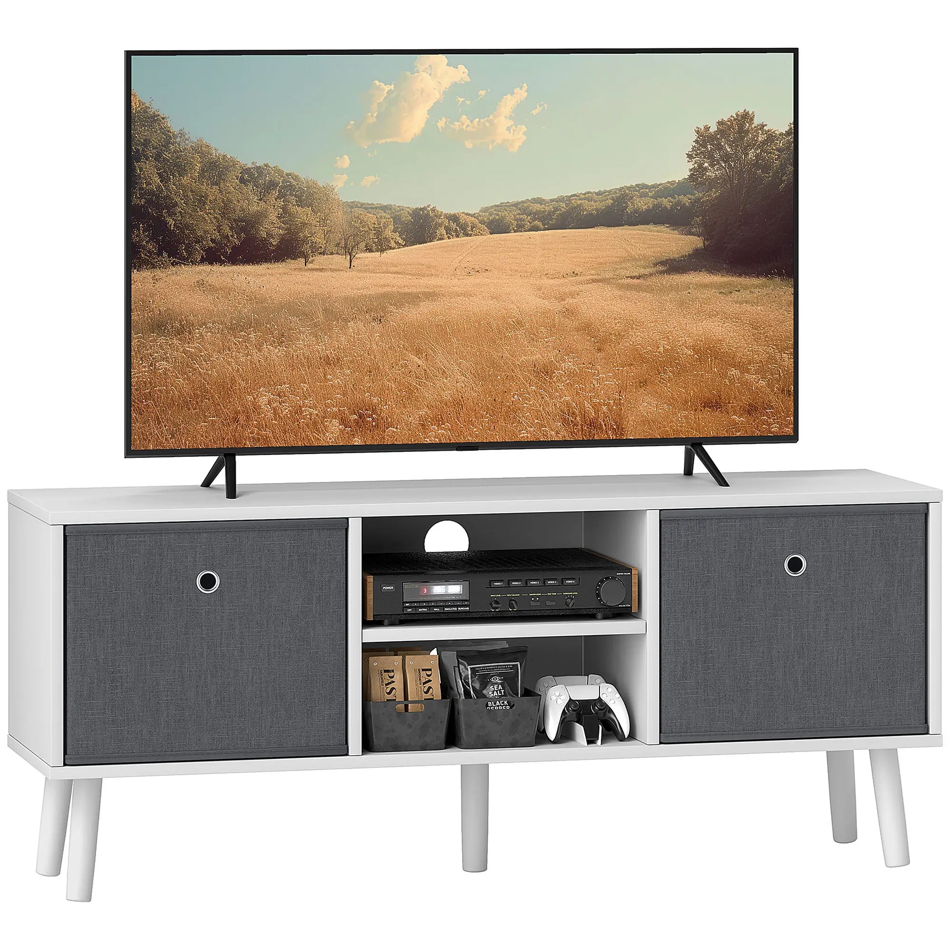 Modern TV Stand with Foldable Drawers, Shelves, White TV Stands at Gallery Canada