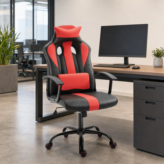 High Back Racing Style Gaming Chair, Adjustable PU Leather, Lumbar Support, Red Video Game Chairs Red and Black at Gallery Canada