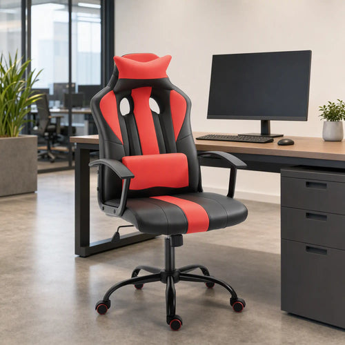 High Back Racing Style Gaming Chair, Adjustable PU Leather, Lumbar Support, Red