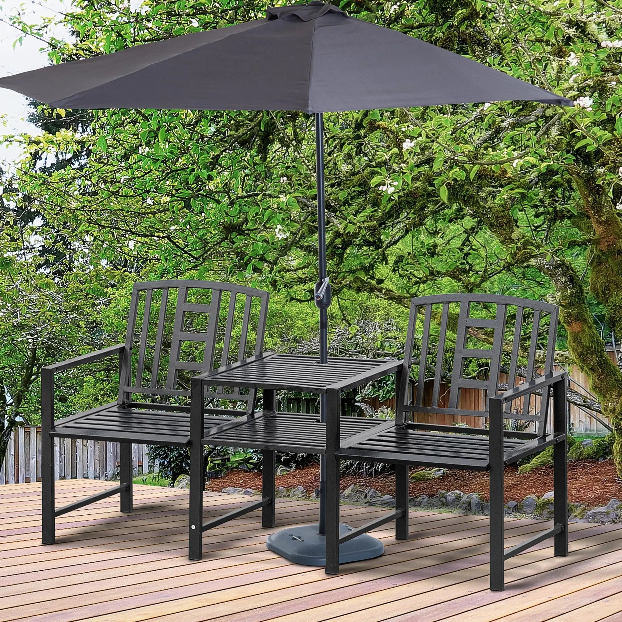 Steel Garden Bench With Middle Table, Umbrella Hole, Double Seat, Outdoor, Black Outdoor Benches at Gallery Canada