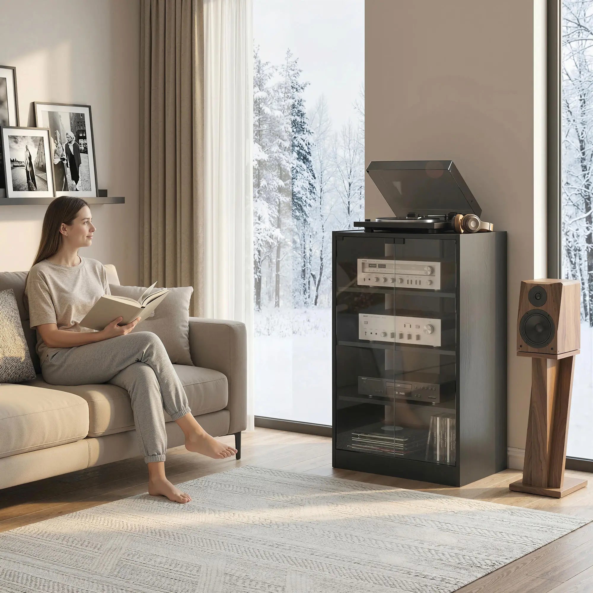 5-Tier AV Media Stand, Push Open Glass Doors, Adjustable Shelves, Distressed, Black Storage Cabinets at Gallery Canada
